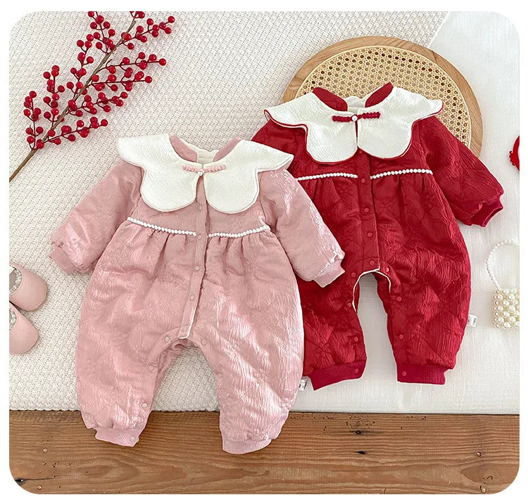 Baby Warm New Year Christmas Rompers 0-2 Year Old Korean Childrens Wear Winter Bodysuit Toddler Girls Sweetheart Outwear