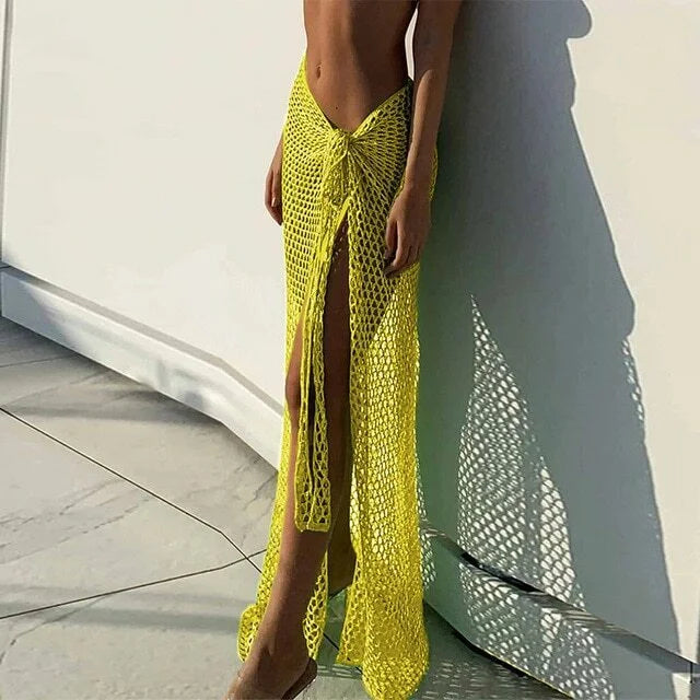 New Arrival Women Knitting Crochet Hollow Out Cover Up Solid Color Beach Dress Sexy Wrap Skirt Binding Rope Beach Wear Sarong