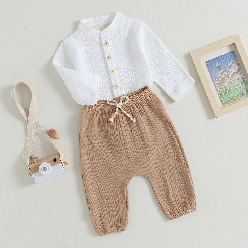 0-4Y Kids Boys Summer Fall Outfits Baby Solid Color Buttons Long Sleeve Shirts Tops + Elastic Waist Long Pants Boys Clothes Sets