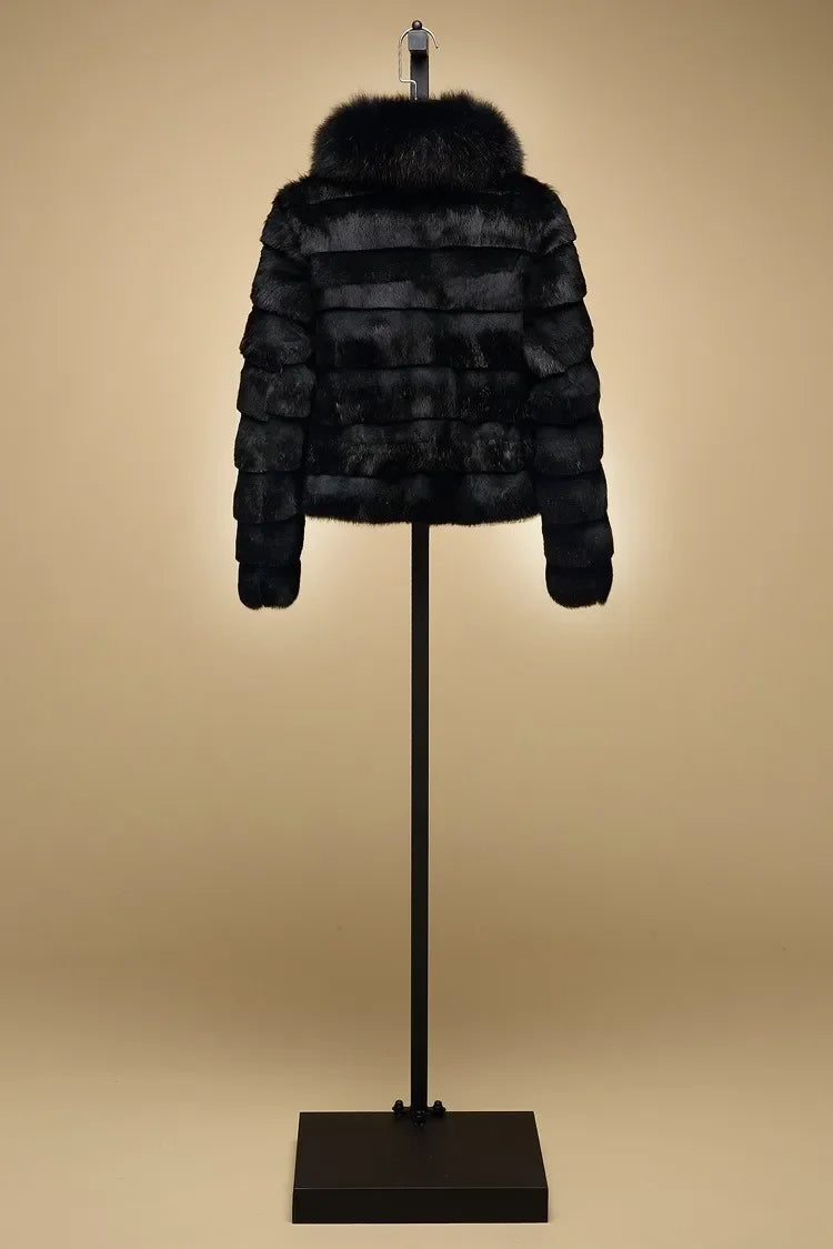 OFTBUY 2024 New Real Rabbit Fur Coat with Fox Fur Collar Women Full Pelt Fox Fur Jacket Winter Rabbit Fur Waistcoat High Street