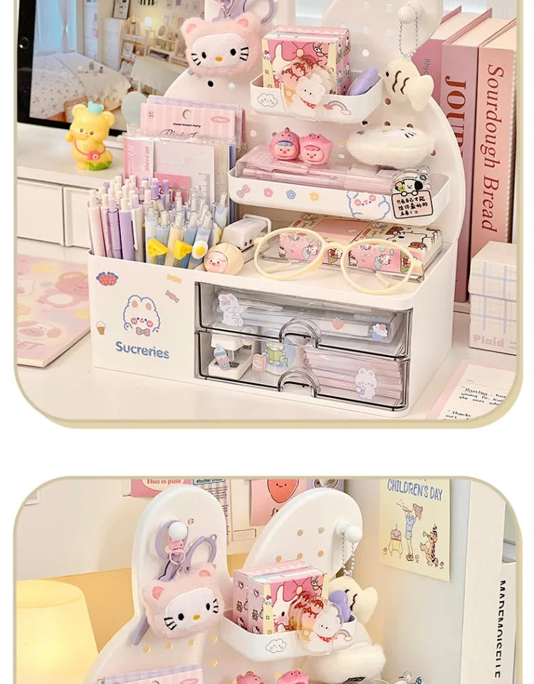 Desktop Hole Board Storage Box Desk Organizer Girls Cute Pen Holder Storage Stationary Rack Korean Kawaii Bunny Cosmetic Shelf