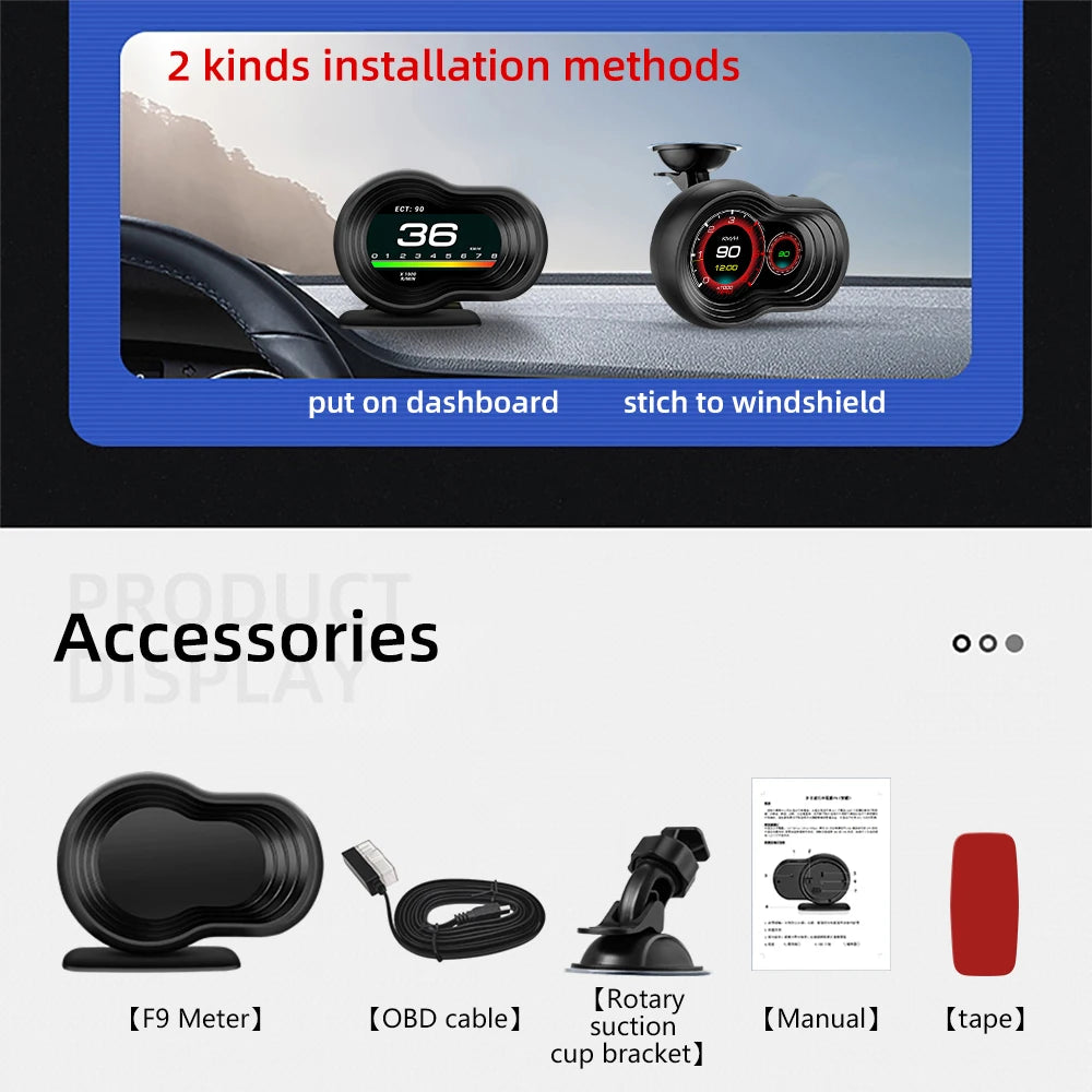 Smart Car HUD OBD2 Head Up Display F9 OBD Car On-board Computer Gauge Auto HUD Digital Odometer Water&Oil temp RPM Auto Meter