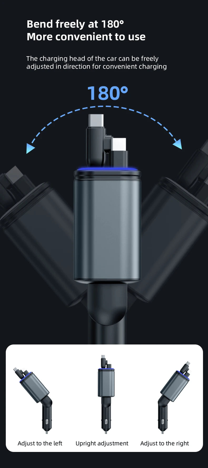 5 IN 1 180W Retractable Car Charger Bluetooth 5.0 FM Transmitter Fast Phone Charger Handsfree Call U-disk Aux with LED Light