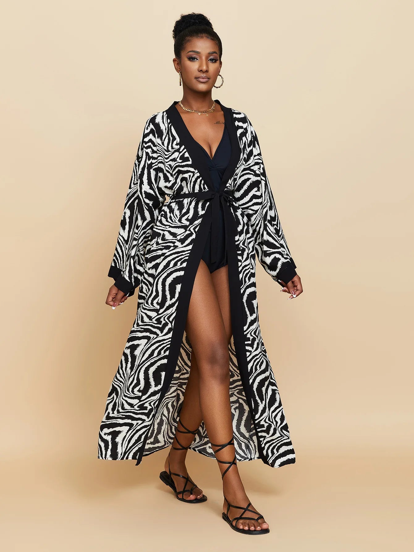 Zebra Beach Cover Ups for Women Long Sleeve Kimono Dress Self Belted Rayon Elegant Pareo 2023 Bathing Suits Holiday Beachwear