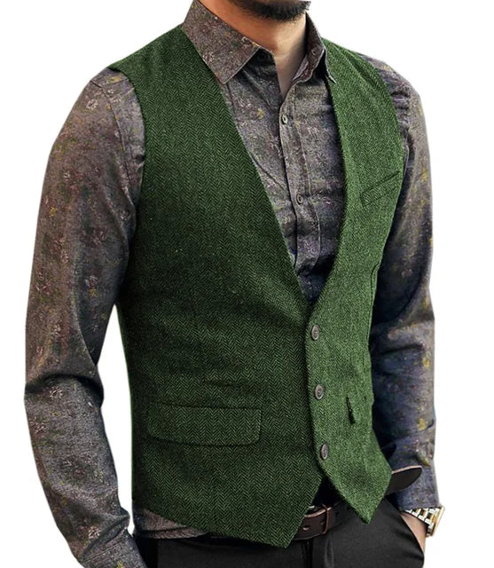Deep V-Neck Suit Vests  Classical Formal  Business Herringbone  Wood Waistcoat Slim Fit Men's Vest For Wedding