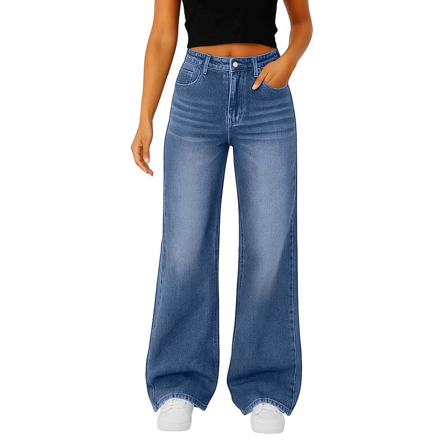Wide-Leg Jeans Women Light Blue High-Waisted Simple Design Fashionable Trousers Loose-Fitting High-Height Pants Suitable Daily
