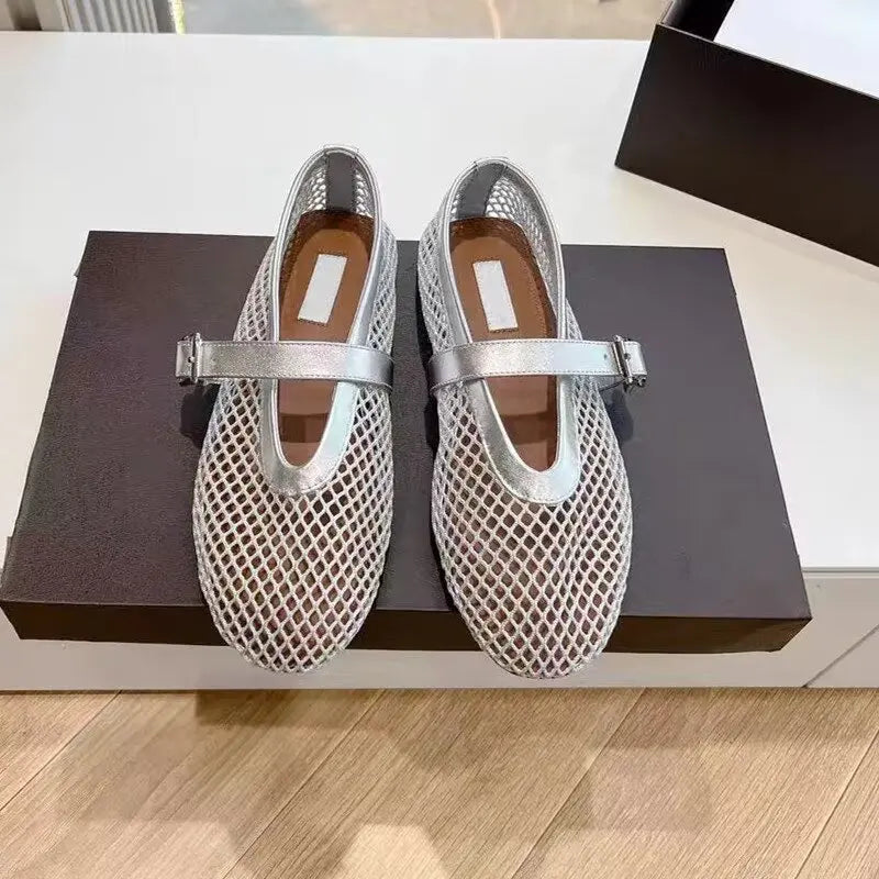 Designer brand original mesh buckle ballet sandals with women's hollow flat bottom Mary Jane mesh fishing net shoes