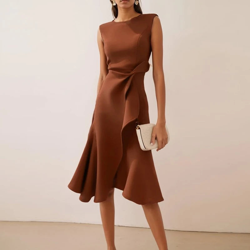 Sexy Women Elegant O Neck Solid Commute Knot Slim Ruffled Irregular Summer Sleeveless A-Line Hight Split Wedding Party Dresses