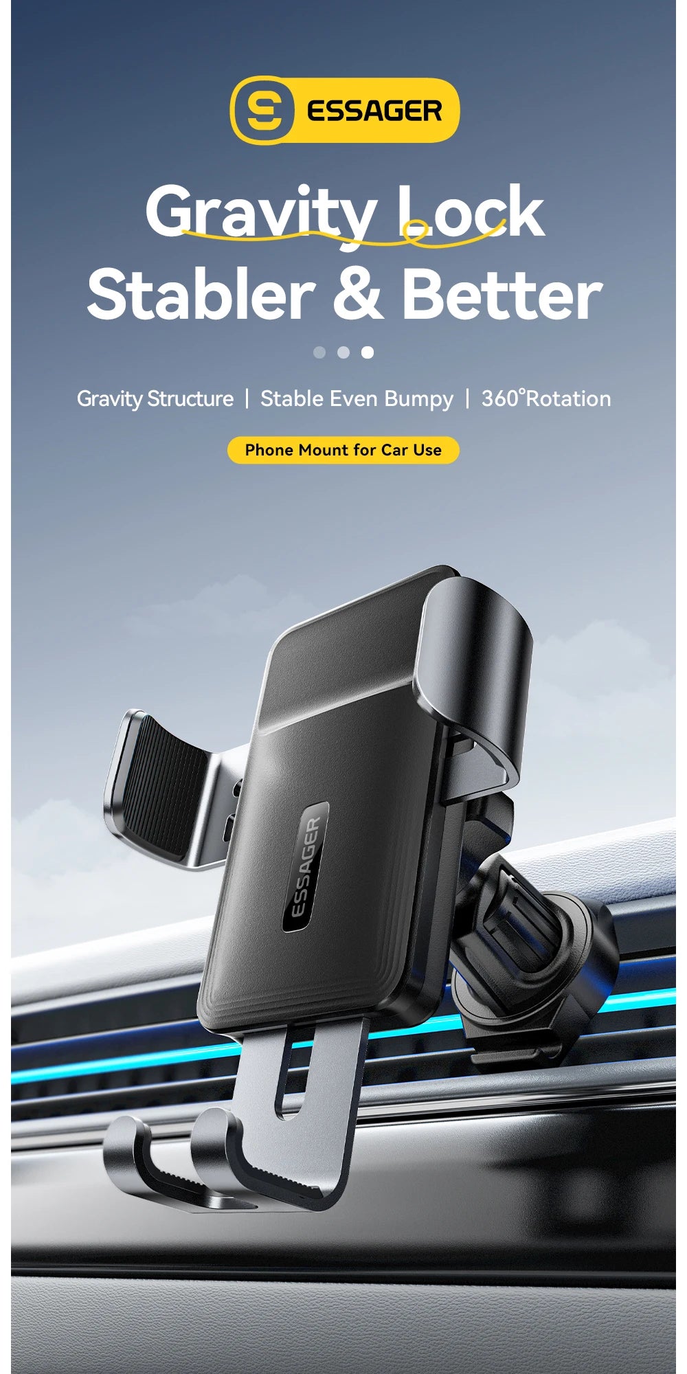 Essager Gravity Car Phone Holder Air Vent Clip Mount Mobilephone Stand For 4.7-6.5 Inch Phone  For iPhone 16 15 14 13 Pro Xiaomi