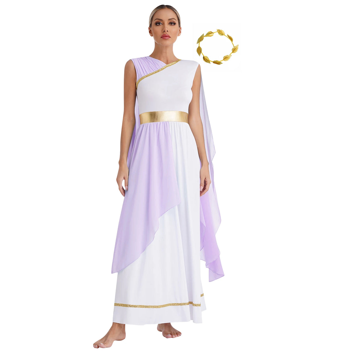 Womens Halloween Greek Beauty Carnival Cosplay Party Costumes Gold Leaves Garland Headwear And Cap Sleeve Ancient Toga Dress