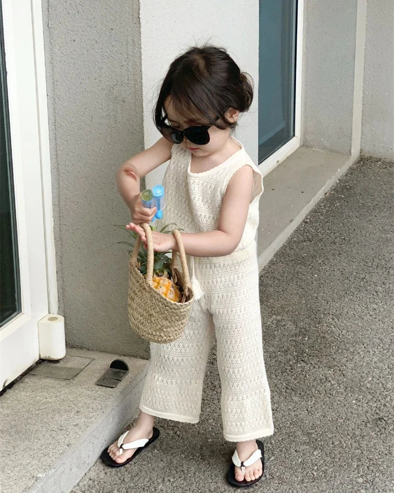 Girls Summer Clothing Set 2023 Kids Knitted Hollow Lace Suit Girl Fashion Breathable Vest + Wide Leg Pants Outfits Children Sets