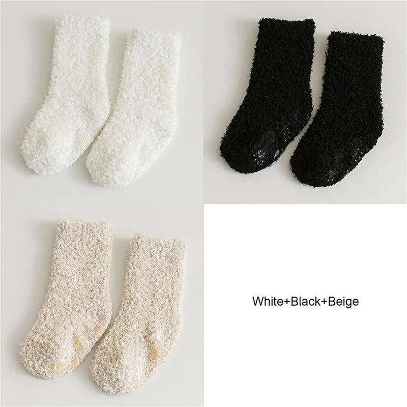 3Pairs Autumn and Winter Thick Baby Toddler Socks for Girls and Boys Coral Fleece Non-slip Baby Floor Foot Socks 0-5Y Children