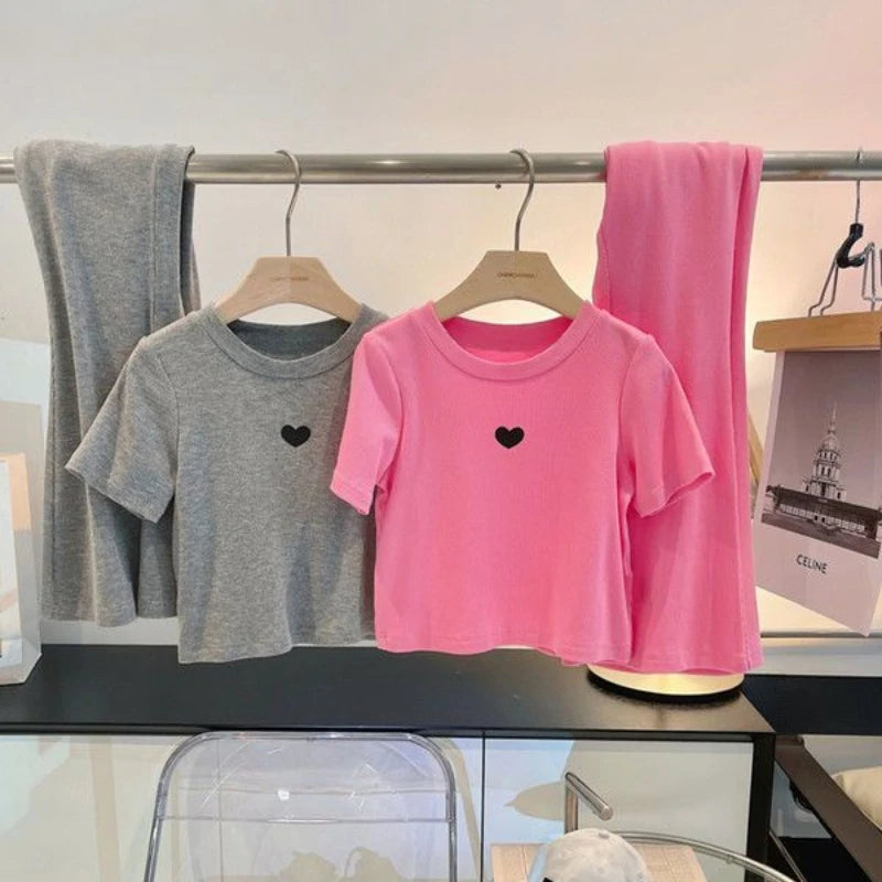 Summer Baby Girls Clothes Set Children Casual Tshirts and Flared Pants 2pc Outfits Kid Sweet Heart Print Top Bottom Cute Outfits
