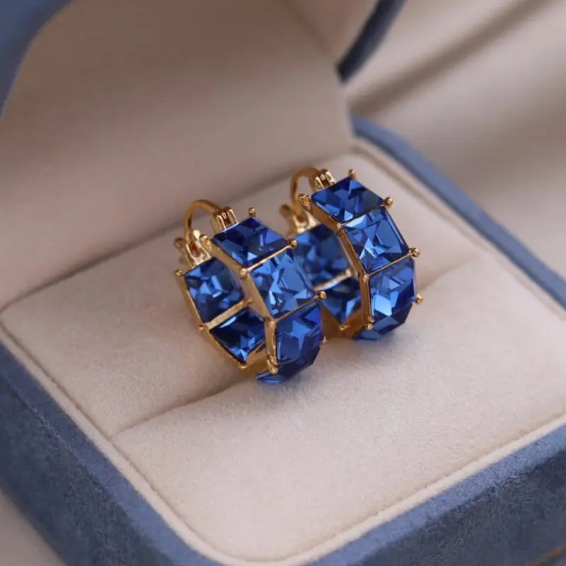 2025 Korean new design fashion jewelry luxury square blue crystal hoop earrings elegant women's daily work accessories