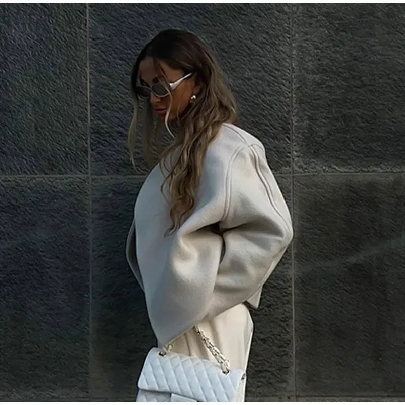 Women's Fashion Solid Thicken Cropped Jacket Top Long Sleeve Warm Autumn Winter Cardigan Female Casual Loose Woolen Streetwear