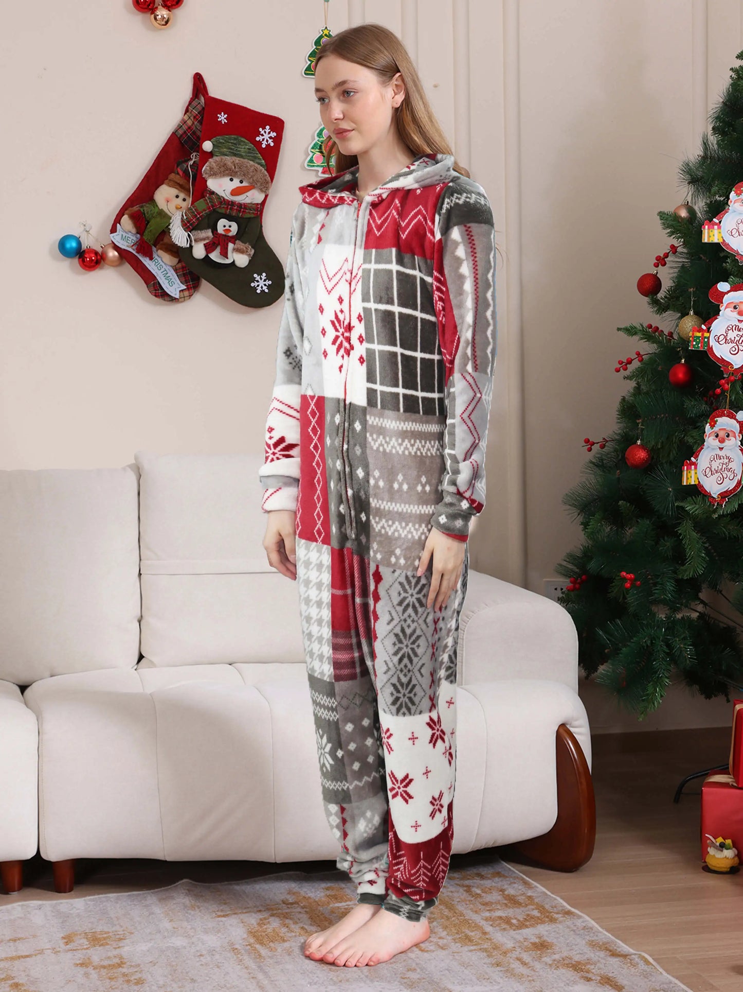 2025 Christmas Velvet Family Matching Clothing Set Zipper Hooded One-piece Jumpsuit Soft Loose Xmas Onesie Warm Thick Sleepwear