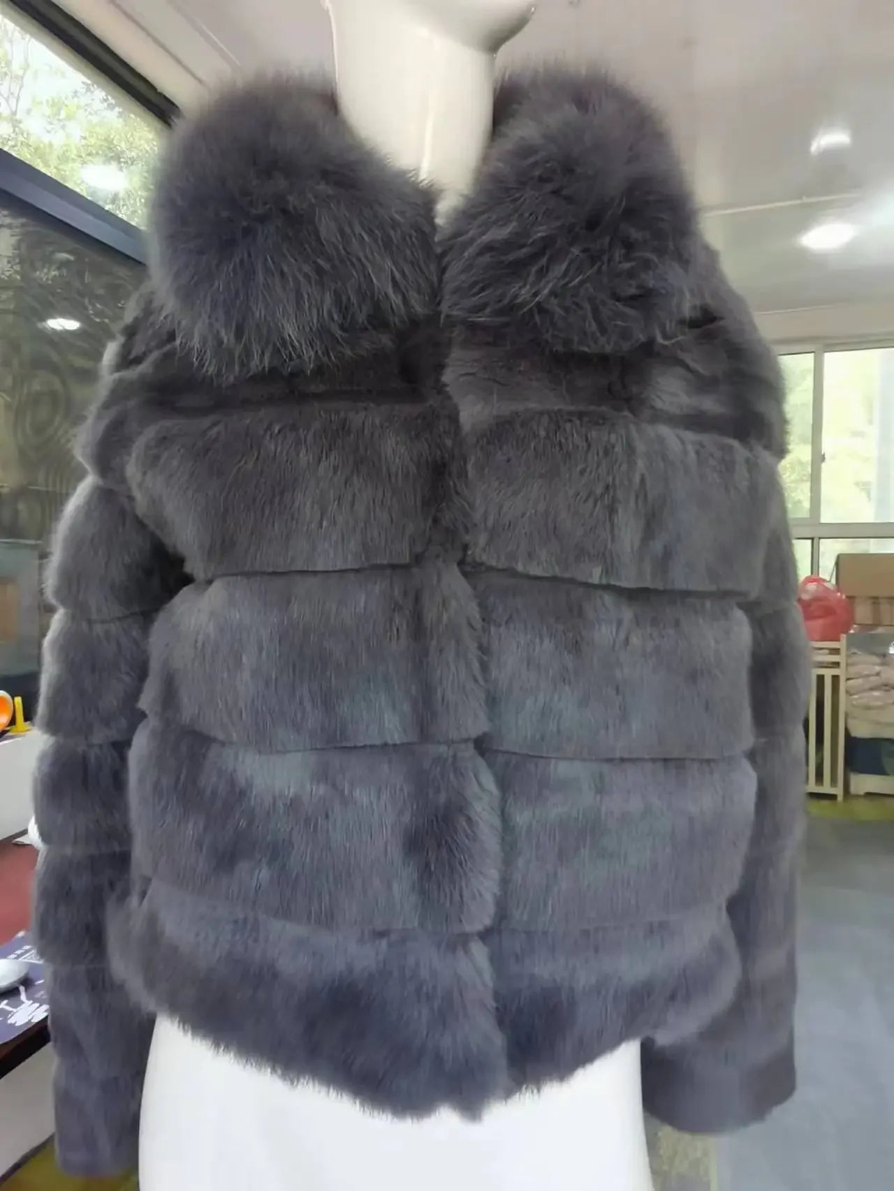 OFTBUY 2024 New Real Rabbit Fur Coat with Fox Fur Collar Women Full Pelt Fox Fur Jacket Winter Rabbit Fur Waistcoat High Street