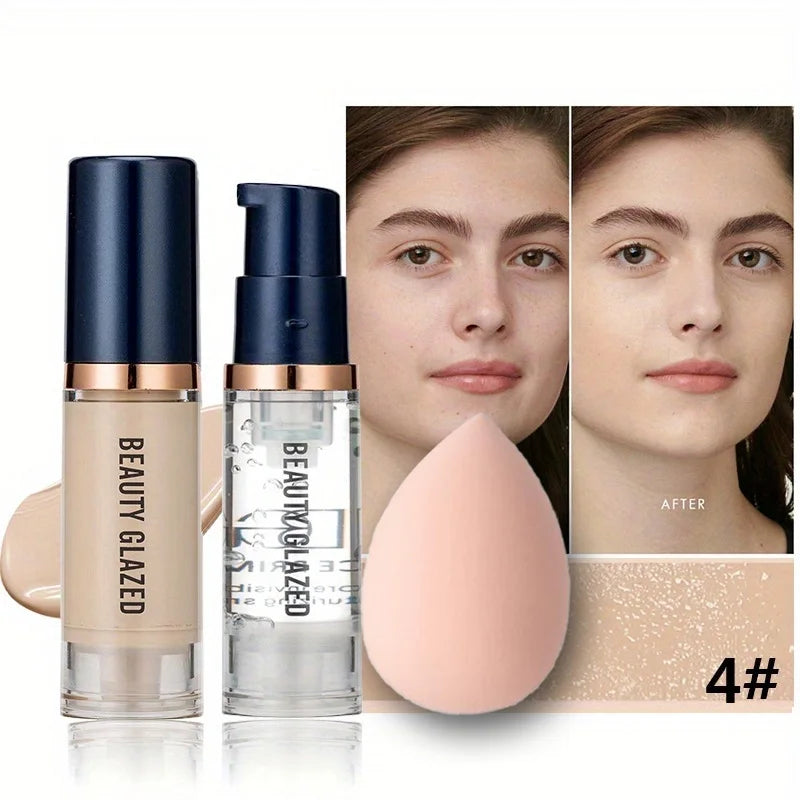 BEAUTY GLAZED 3Pcs Face Makeup Set, Matte Long Lasting Waterproof Liquid Foundation+Primer+Puff