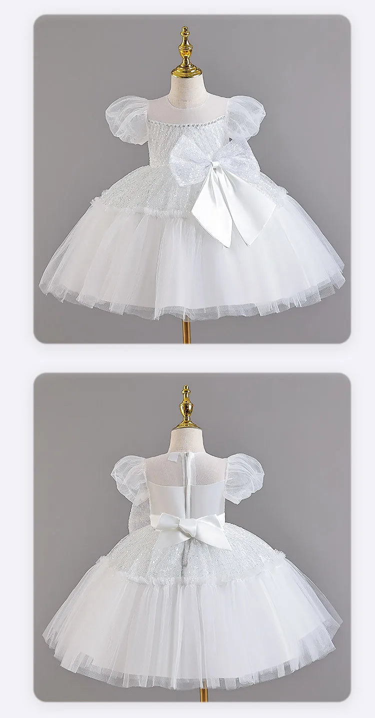 Summer clothing suitable for toddlers mesh large bow baby's first birthday ball dress white baby girl baptism dress