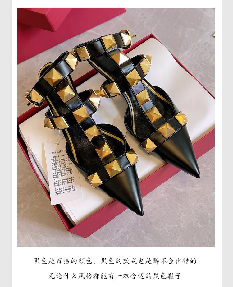 Women's Fashion Rivet High Heels 2023 Spring/Summer New Baotou Sandals Pointed Single Shoes