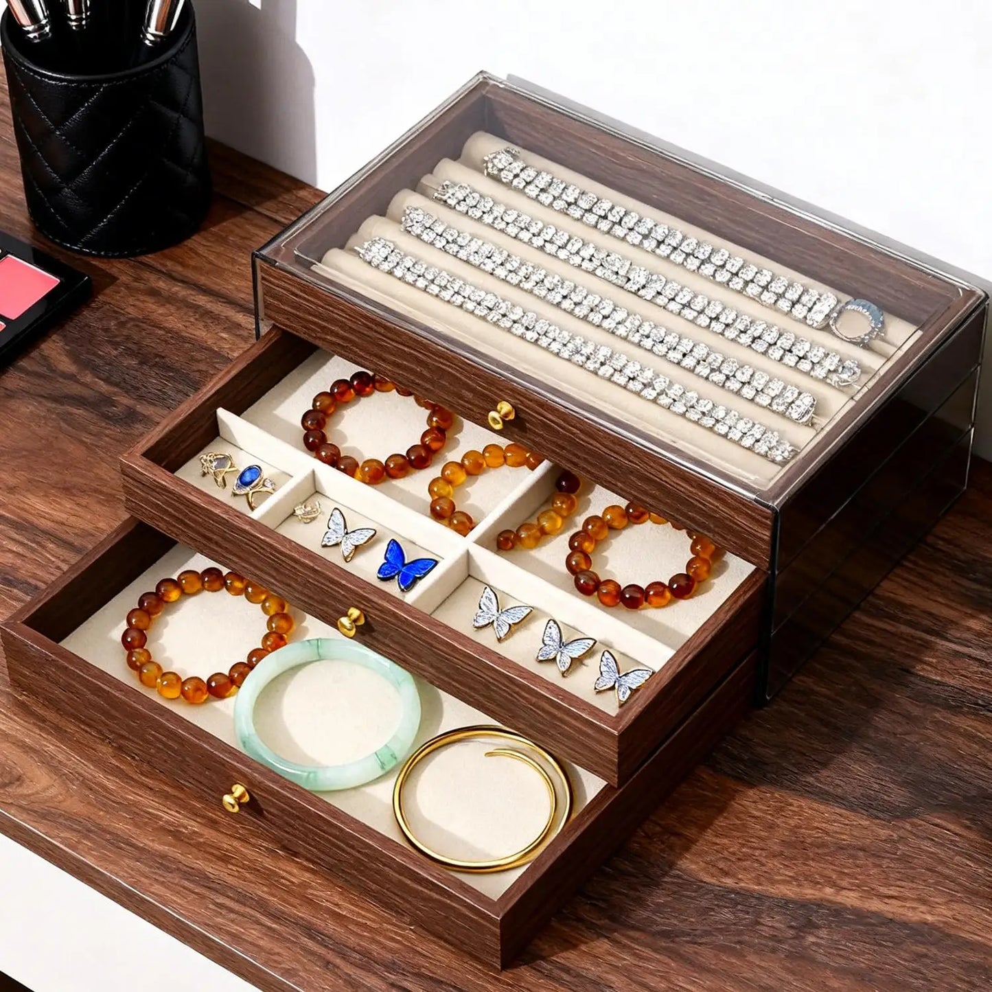 3-layer Large Capacity Drawer Walnut Wood Jewelry Storage Box Suitable for Earring Necklace Ring Jewelry Oxidation Prevention