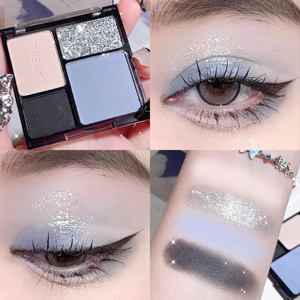 Four-color eyeshadow disc fine glitter pearlescent matte blue milk tea color mini eyeshadow student makeup