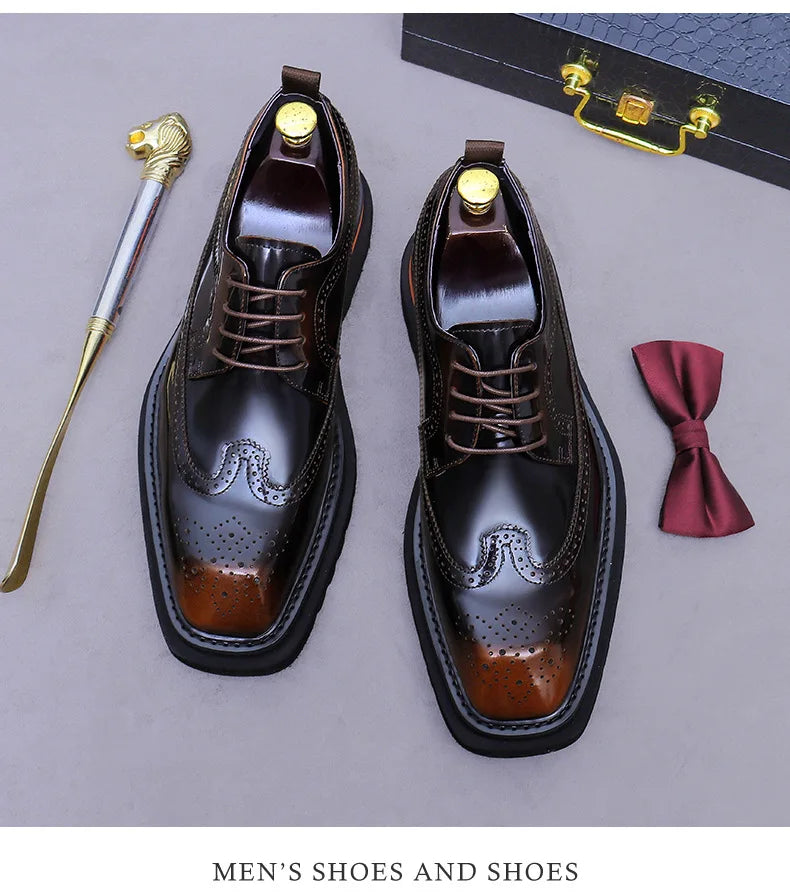 Men's Brogue Platform Oxford Shoes Genuine Leather Thick Sole Formal Dress Shoes for Men Business Casual Lace Up Luxury Oxfords