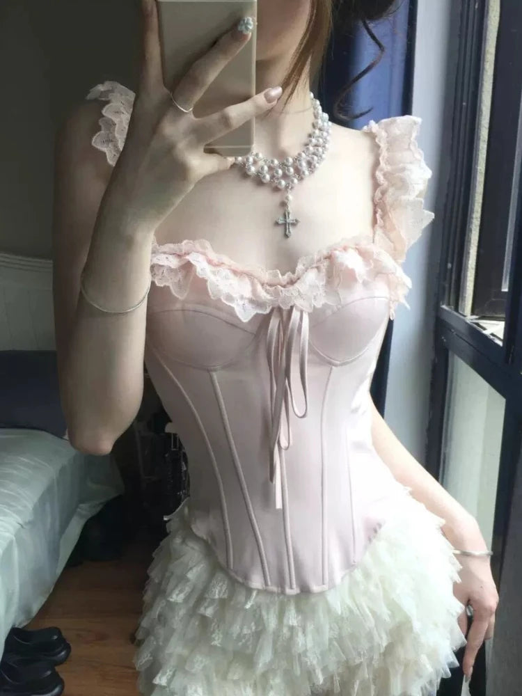 France Lace Pink Camisole Women Hot Girl Sweet Design Off Shoulder Slim Hollow Out Solid Vest Female Elegant Fashion Clothes