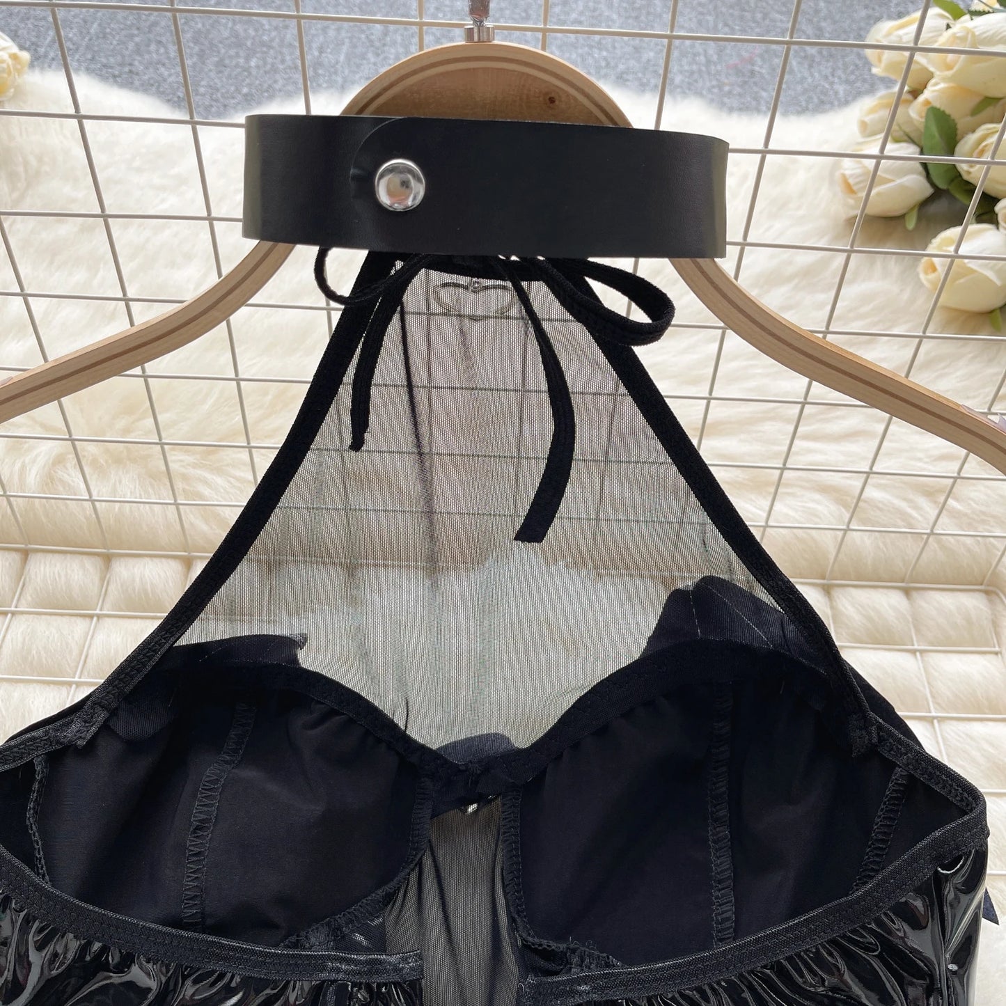 SINGREINY Women Pu Leather Sensual Dress Halter Lace Up A Line Sexy Nightdress+Thongs Sheer Backless Mini Porn Nightwear