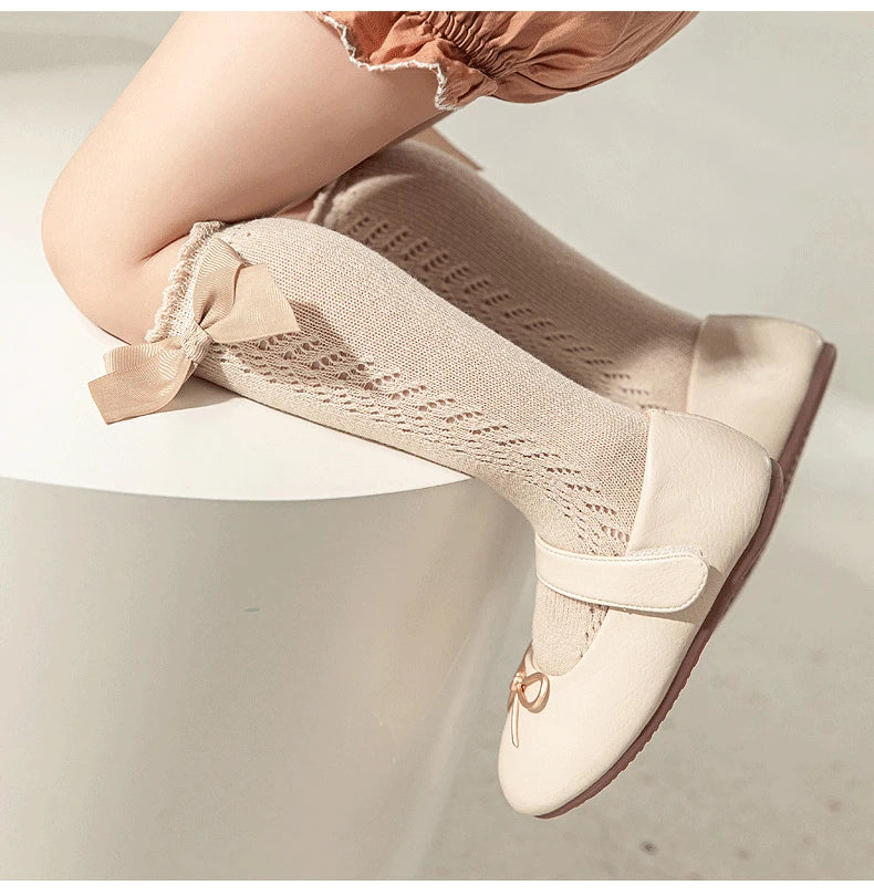 1 Pairs Kids Knee High Socks Baby Girls Boys Bow Long Sock Soft Cotton Mesh Breathable Children Hollow Out Socken For 0-7 Years