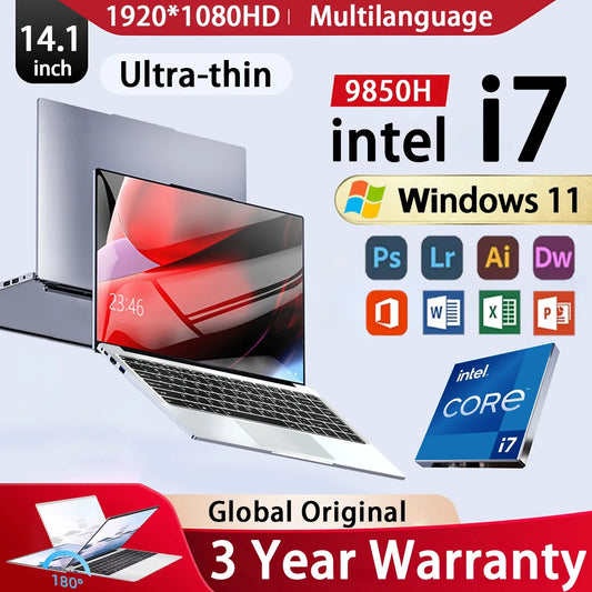 NEW 14.1 inch Portable Laptop 12GB 2TB Intel Core i7 9850H Windows 11 Gaming Computer PC Gamer office Notebook 1920*1080 HD 4K