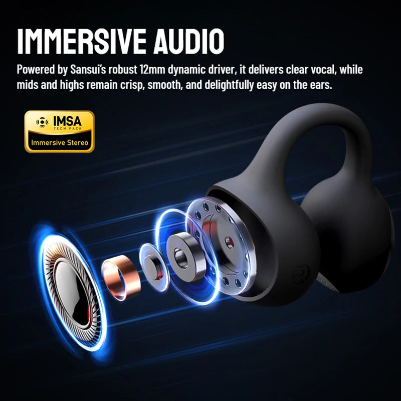 SANSUI W68 OWS Ear Clip Headphones Air Conduction Bluetooth 6.0 Earphones Dual ENC Clear Call TWS Wireless Earbuds with APP