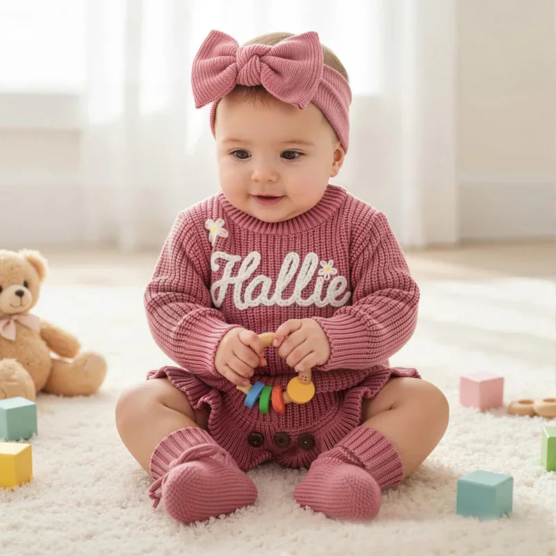 Personalized Name Baby Romper Autumn Winter Warm Knitted Sweater Jumpsuit Infant Outfit Hat Socks Set Newborn Clothes Gift