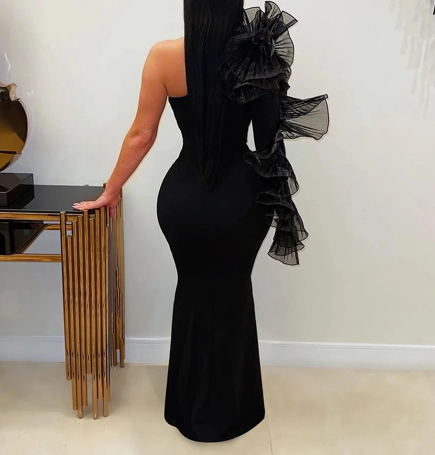 One Shoulder Long Dress Women Elegant Party Dresses Ruffles Sleeve Bodycon Evening Summer Dresses Female Birthday Dress HWY1896