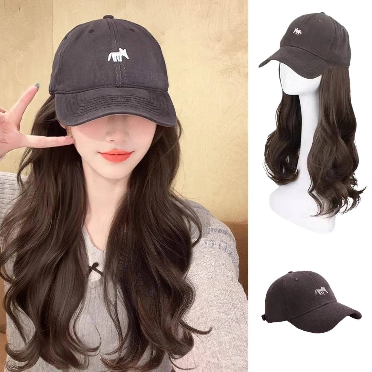 Baseball Cap Wig Natural Wave Hair Extensions With Hat Heat Resistant Synthetic Hair Adjustable Wig Dark Grey Wigs for Women