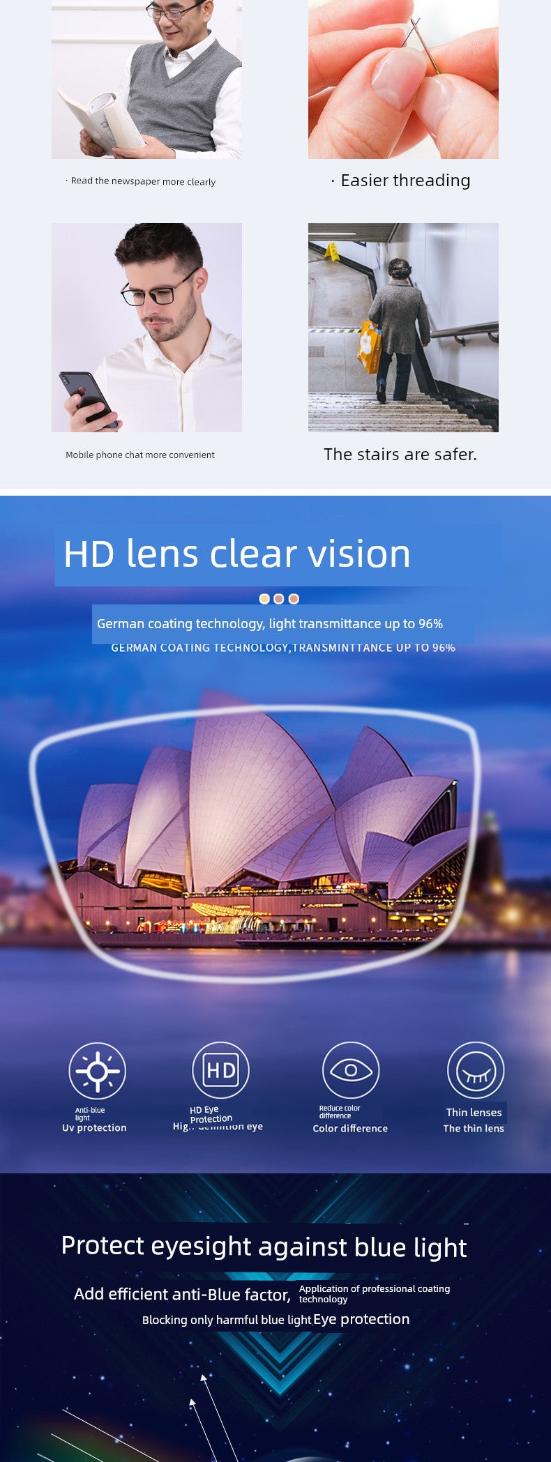 Glasses HD Anti-Blue Ray Rimless Brand Reading Glasses