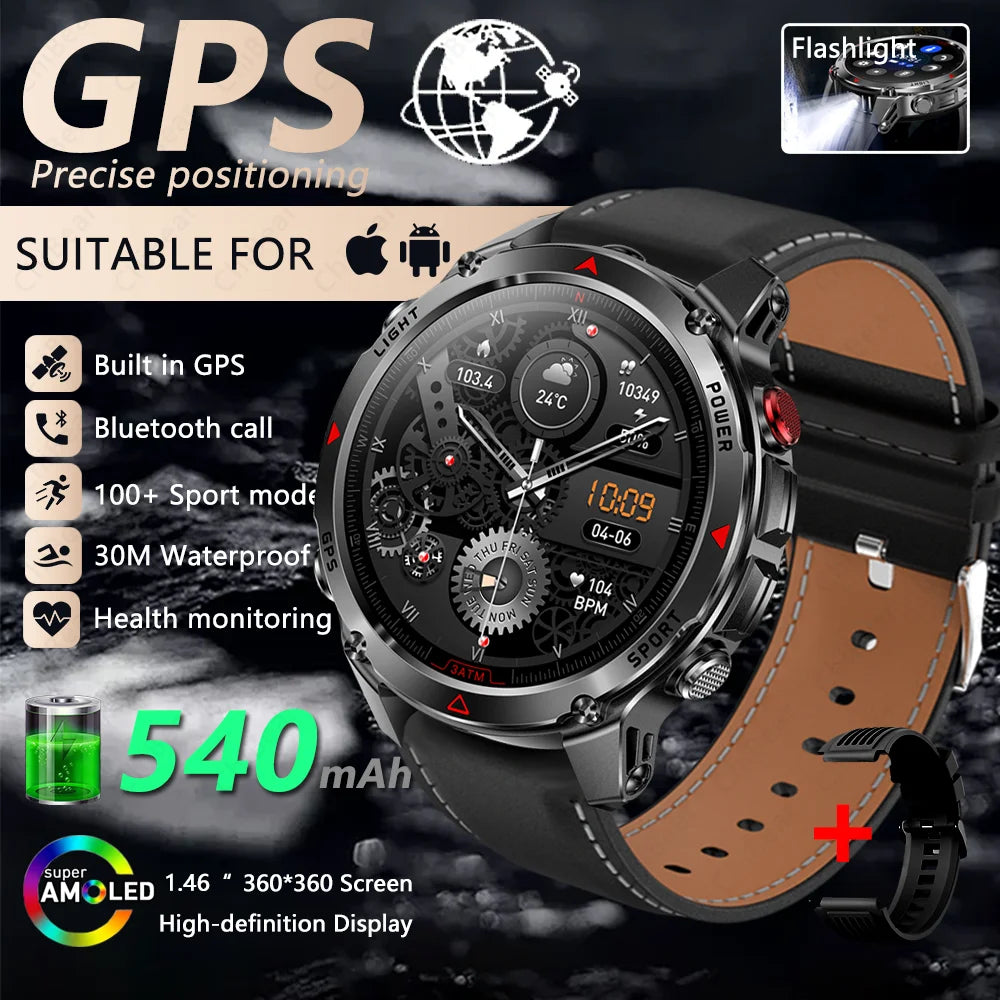 2025 New Outdoor Millitary Smart Watch Men GPS Positioning 540mAh Battery Waterproof Sports Fitness Tracker BT Call Smartwatch
