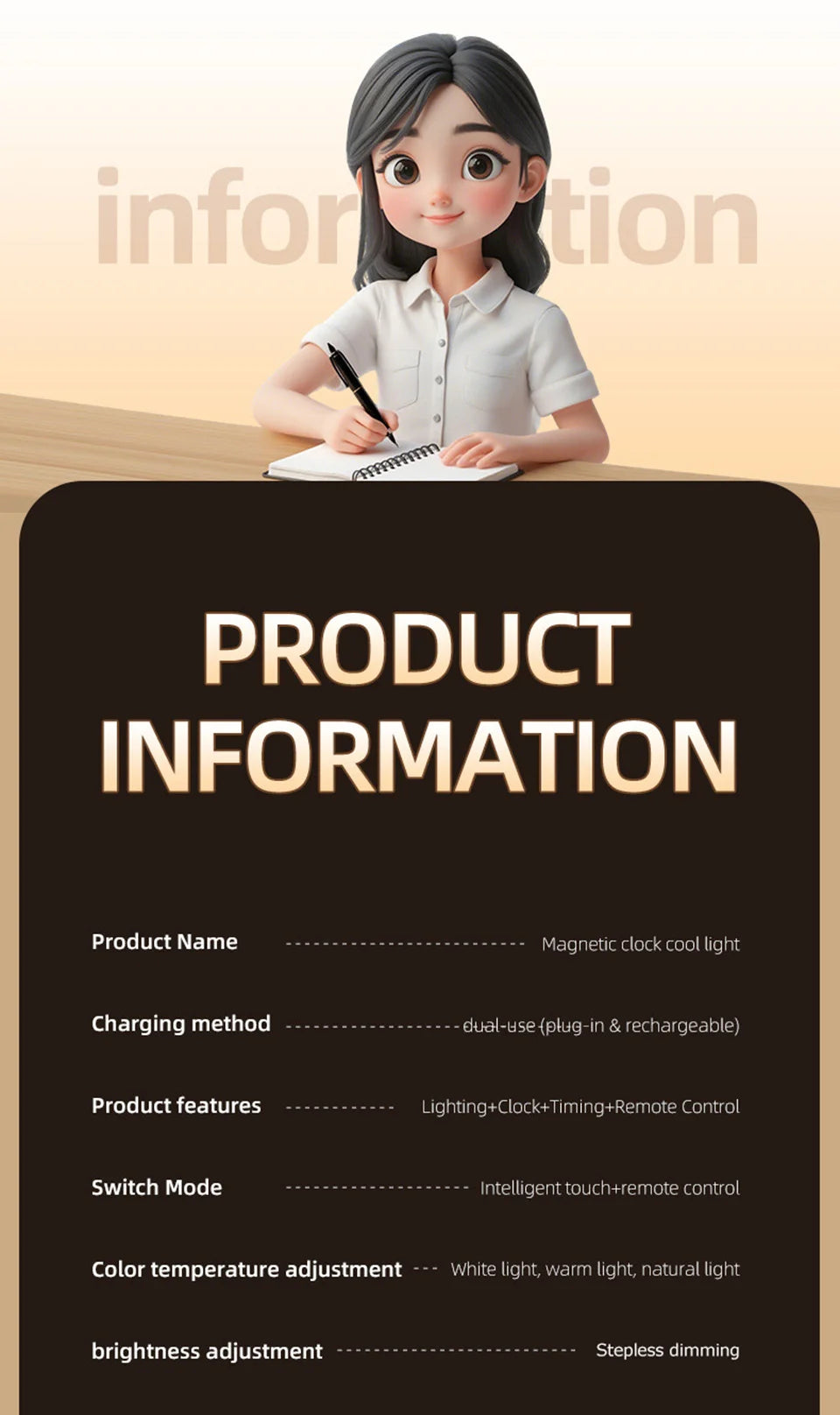 Eye-care Magnetic Desk Lamp USB Rechargeable LED Night Light Battery Status & Time Display Reading Light Table Lamp for Kitchen