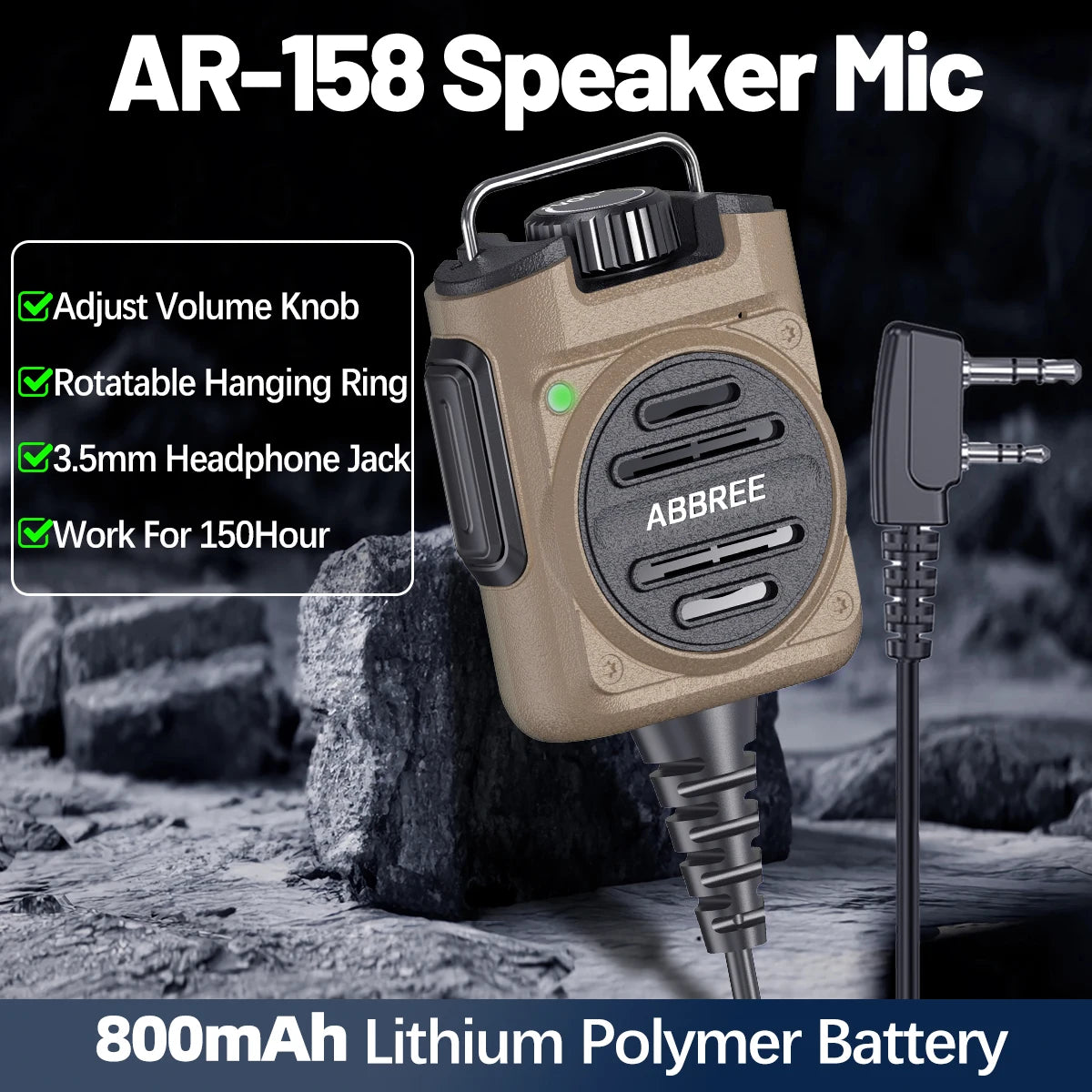 ABBREE AR-158 Speaker Mic Long Standby Volume Adjustable Clear Sound Compatible with Baofeng UV-5R Mini UV-5RH K Type Ham Radio