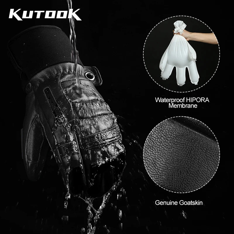 KUTOOK Goatskin Leather Ski Gloves Mittens Waterproof Thicken Winter Snow Snowboard Gloves Thermal Warm Skiing Gloves for Men