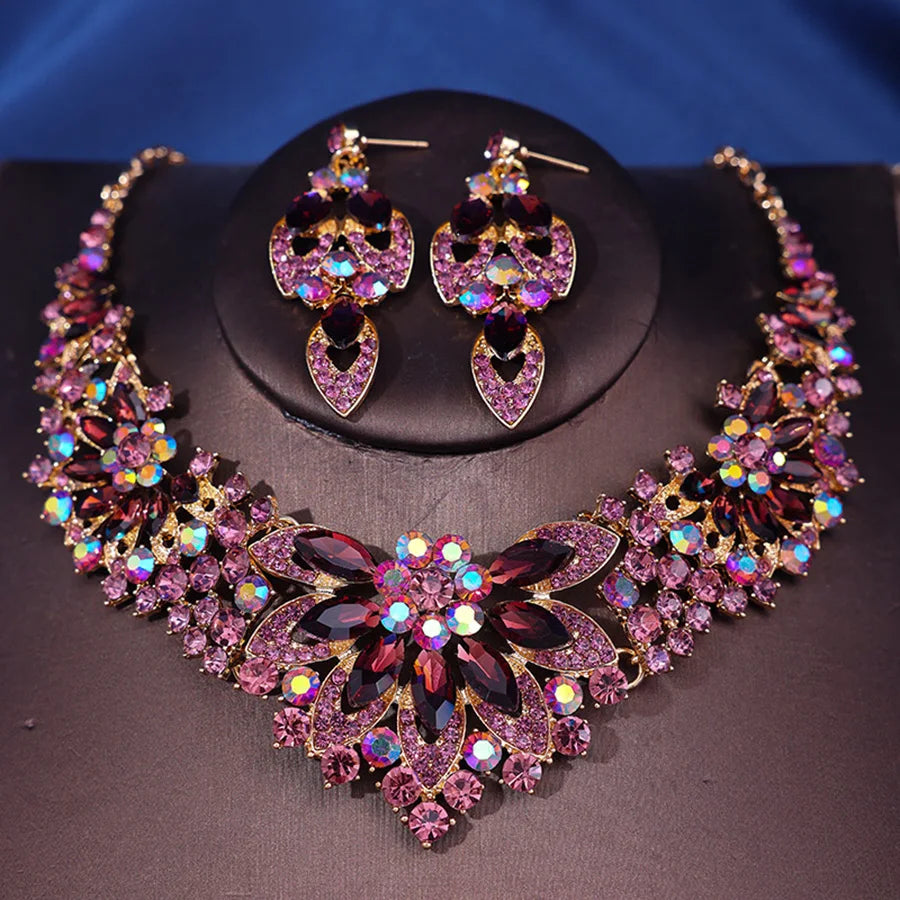 Advanced design retro necklace earring set leaf Multicolored flowers luxurious crystal jewelry bride's wedding dress accessories