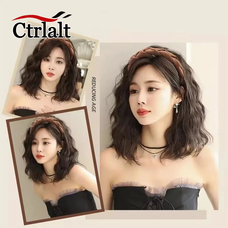 Short Wavy Curly Headband Wig Clip on Hair Extension U-Shaped Hairpieces Synthetic Natural Fake Half Wig for Women