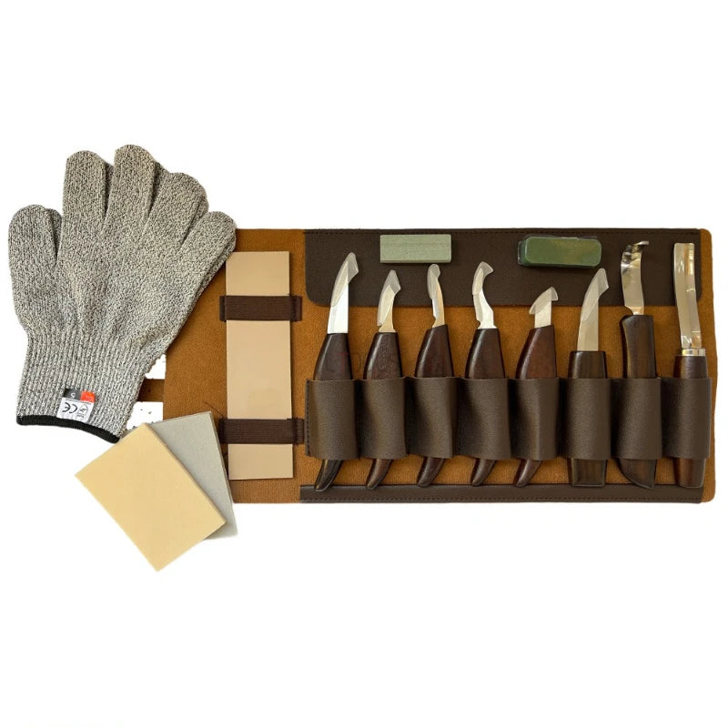 Woodworking Tools Professional Square Handle Woodcarving Vintage Leather Set 12 Pieces Furniture Detail Relief Project Essential