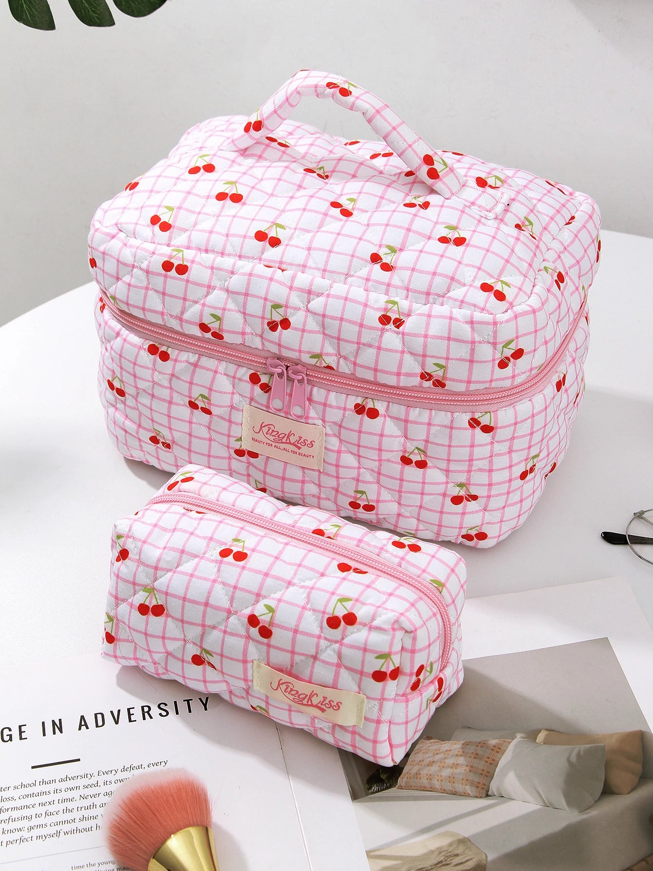 1pc/set Large Pink Cherry Quilted Makeup Bag, Cute Makeup Bag, Travel Makeup Bag, Makeup Storage Bag for Women Girls