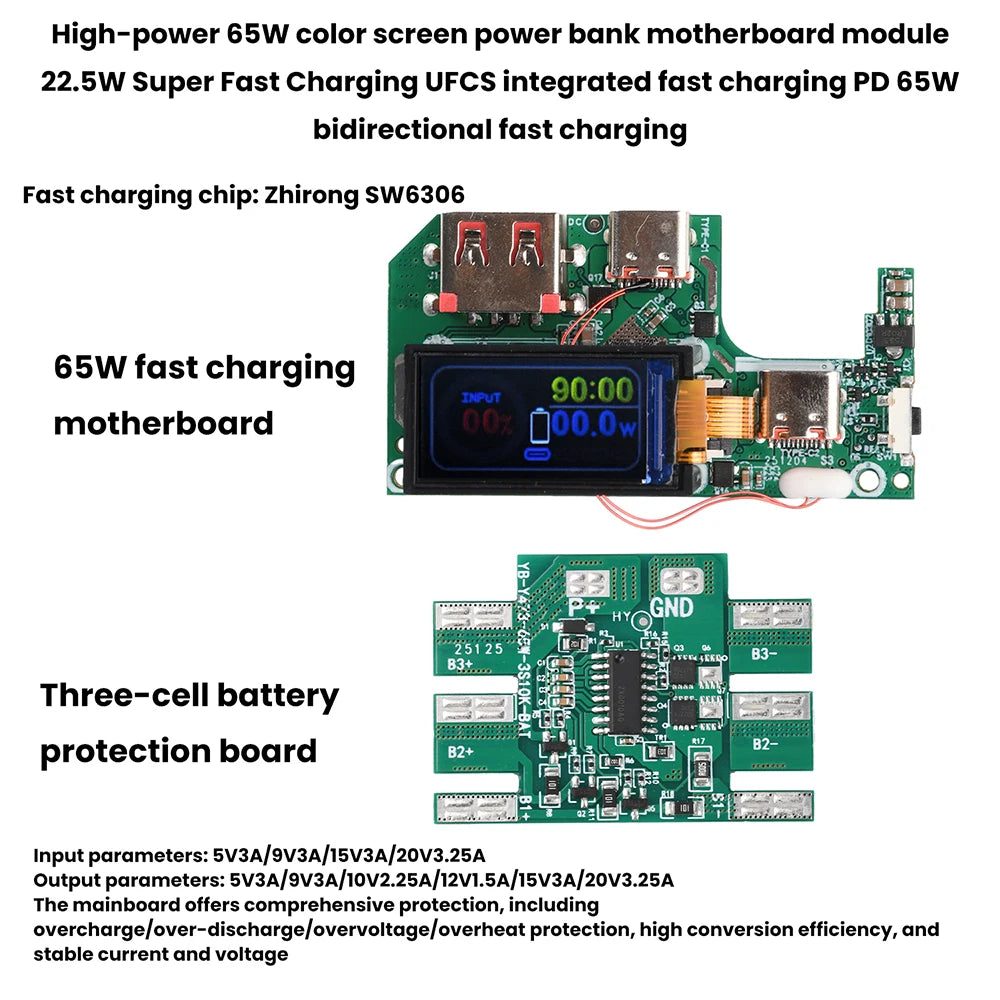 45W 2S 65W 3S Fast Charging Module with TFT Display PD QC Compatible DIY Power Bank Circuit Board for Portable Chargers