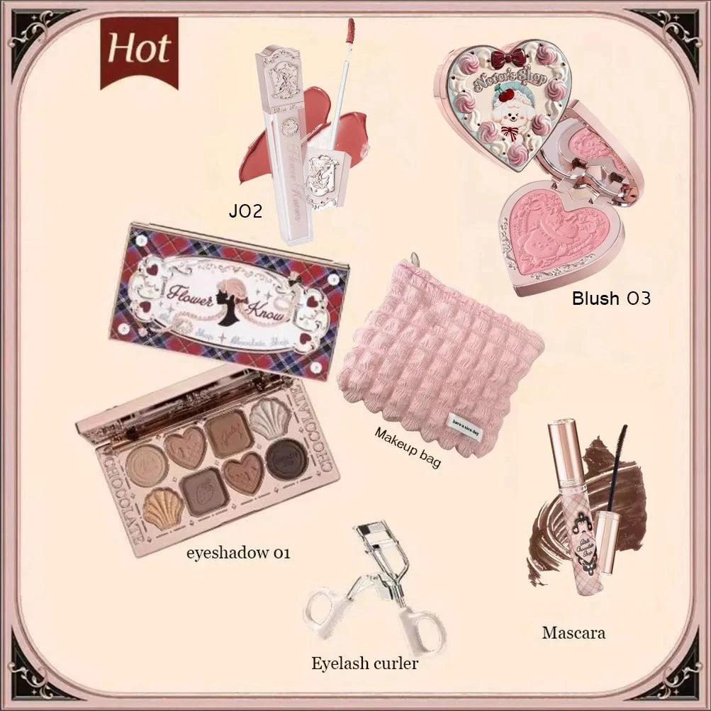 Flower Knows Chocolate SWEETIE BEAR Makeup Set Eyeshadow Palette Matte Lip Mud Blush Long Lasting Black Mascara Cream Original