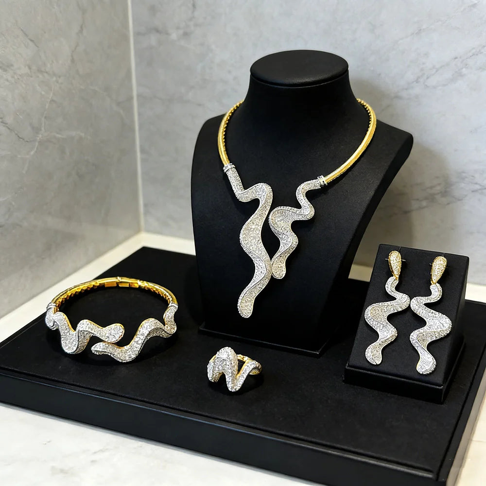 GODKI Luxury 4PCS Wave Design Nigeria Bangle Ring Necklace Earrings Sets For Women Wedding Zircon Dress Necklace Earring Sets