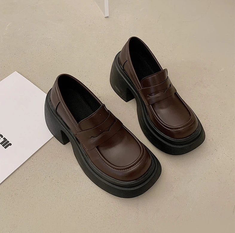 Ladies Pumps Evening Women's Shoes Luxury Leather Casual Cute Kawaii Platform Square Heels Round Toe Shoe Lastest High Quality E