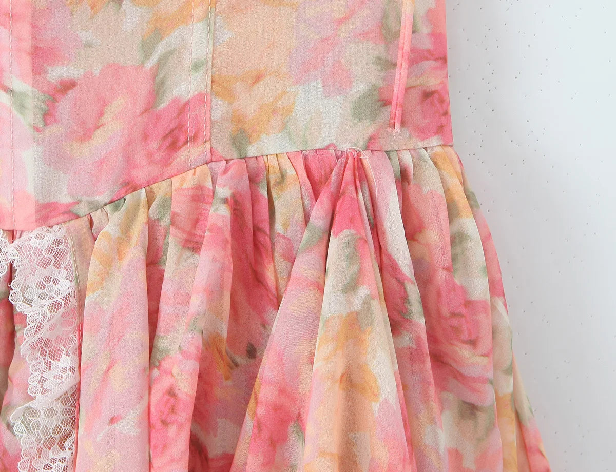 YENKYE Sexy Sling Floral Print Boho Beach Dress Women New 226  Lace Trim  Irregular Hem Holiday Summer Dresses Short Robe