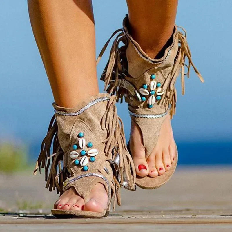 Womens Bohemian Ethinc Style Clip Toe Sandals Summer Breathable Tassel Flat Shoes Comfortable Vacation Beach Sandals Zapatos
